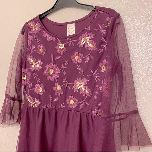 Purple lace floral mesh embroidered formal girls dress long sleeve XL 14-16 - Picture 2 of 10